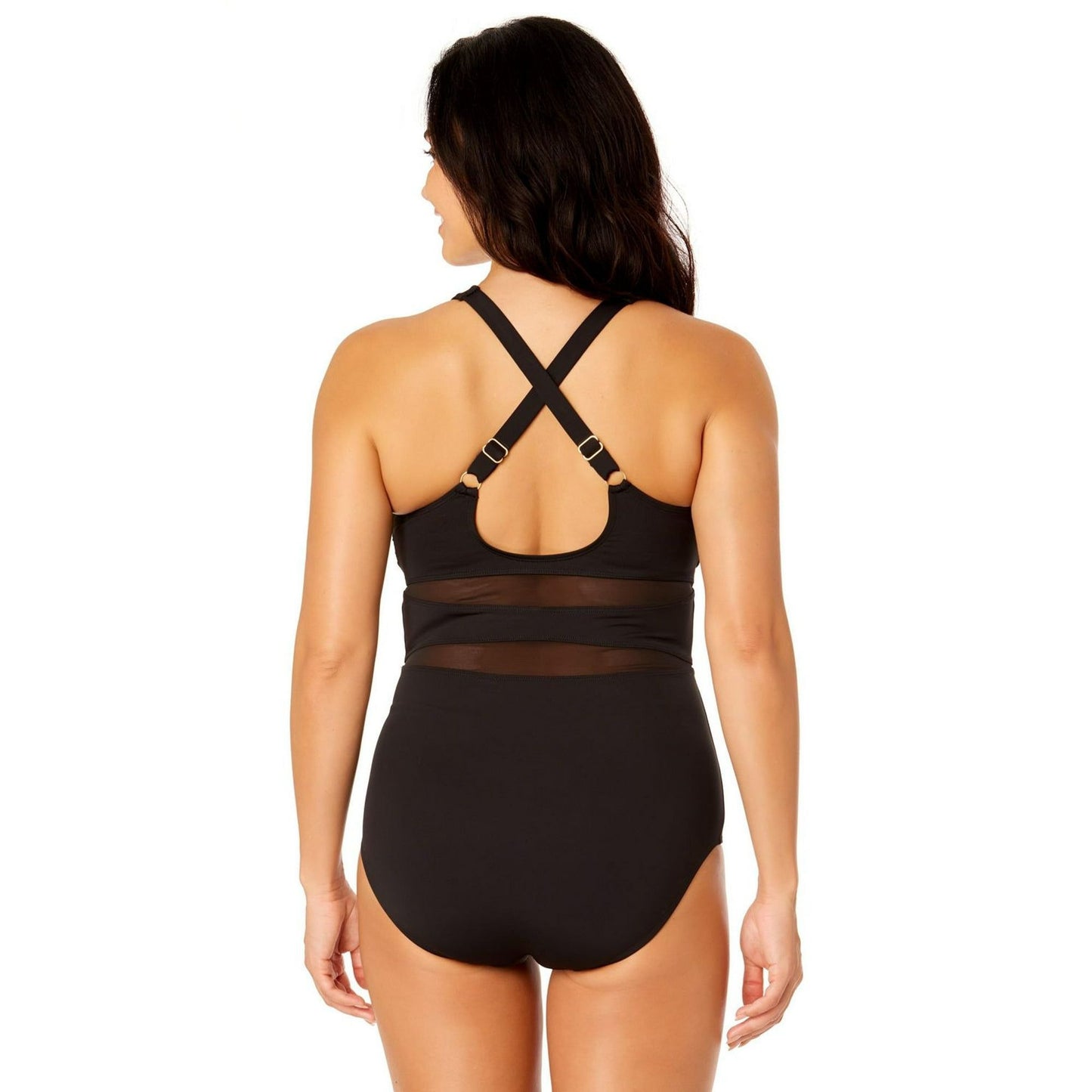 Lands' End Swimwear Mesh Swim One Piece Bathing Suit High Neck UPF 50 Black