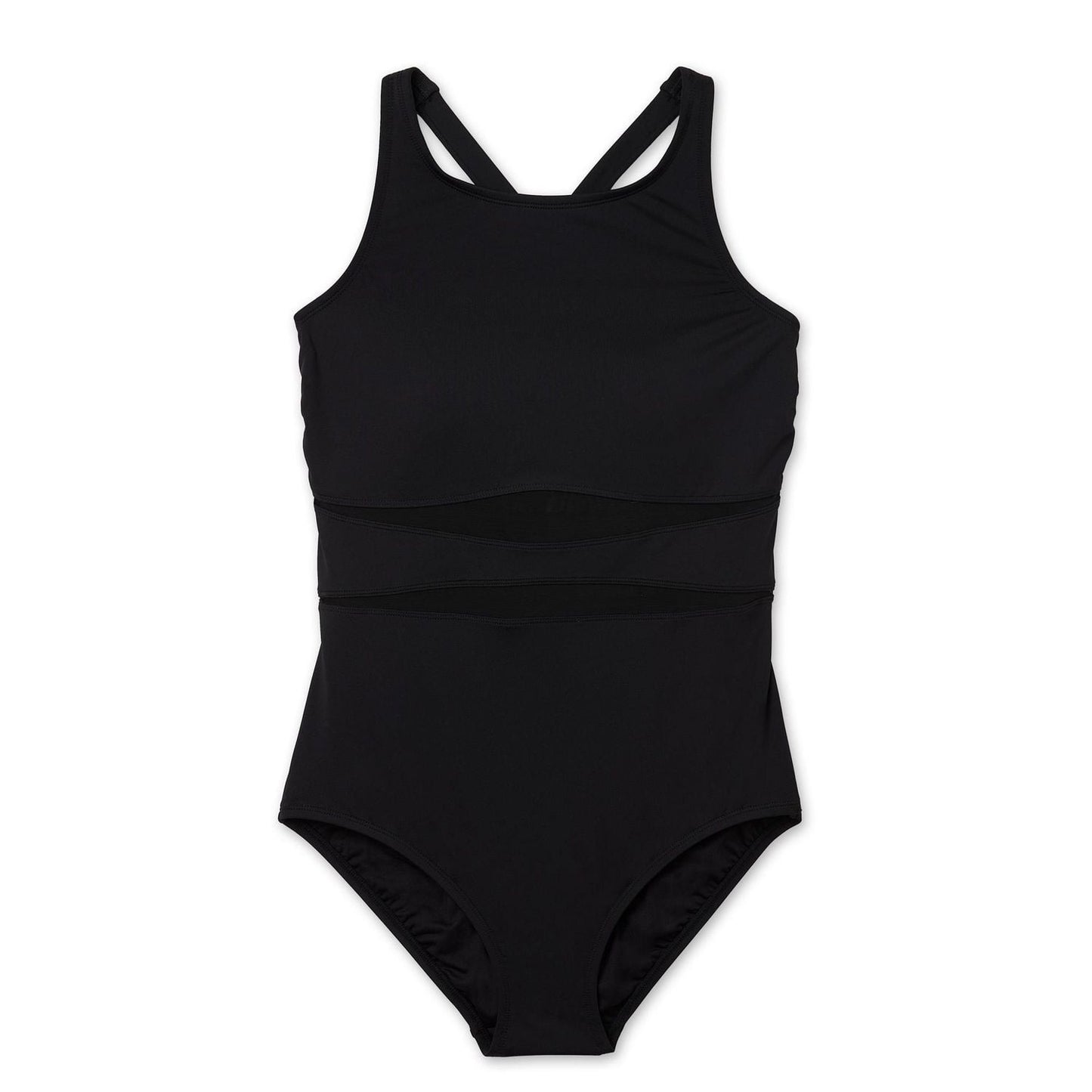 Lands' End Swimwear Mesh Swim One Piece Bathing Suit High Neck UPF 50 Black