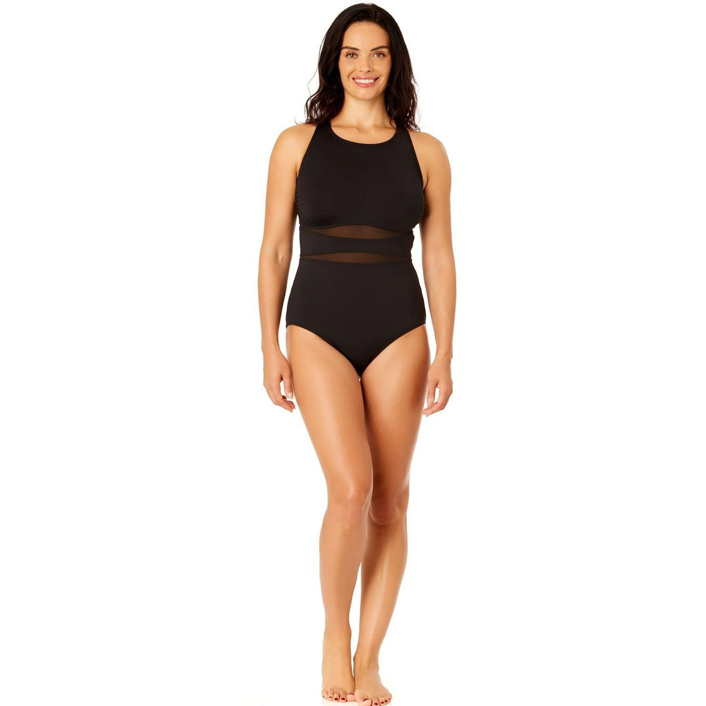 Lands' End Swimwear Mesh Swim One Piece Bathing Suit High Neck UPF 50 Black