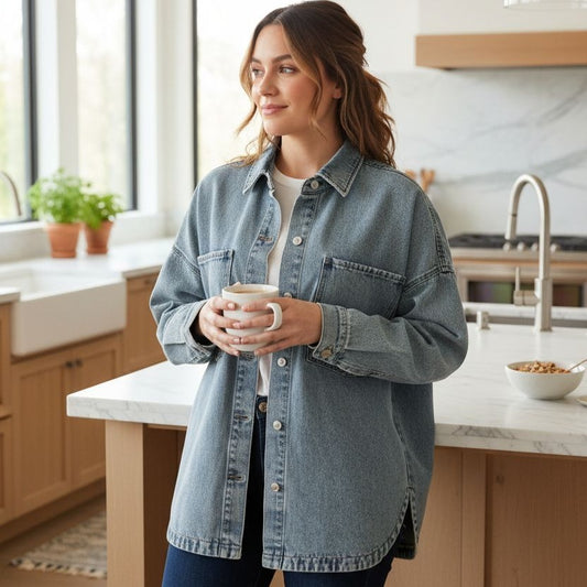 Hudson Womens Denim Button-up Top Shacket Oversized Boyfriend Fit Cotton Shirt Jacket