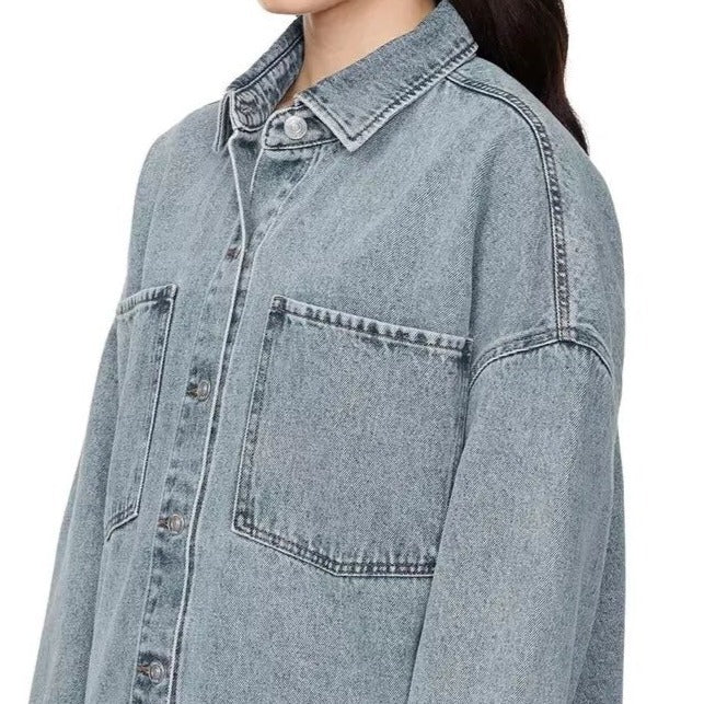 Hudson Womens Denim Button-up Top Shacket Oversized Boyfriend Fit Cotton Shirt Jacket