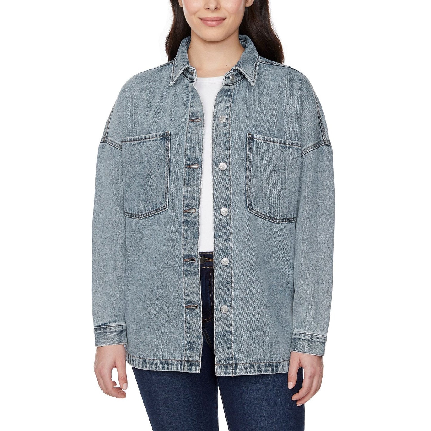 Hudson Womens Denim Button-up Top Shacket Oversized Boyfriend Fit Cotton Shirt Jacket