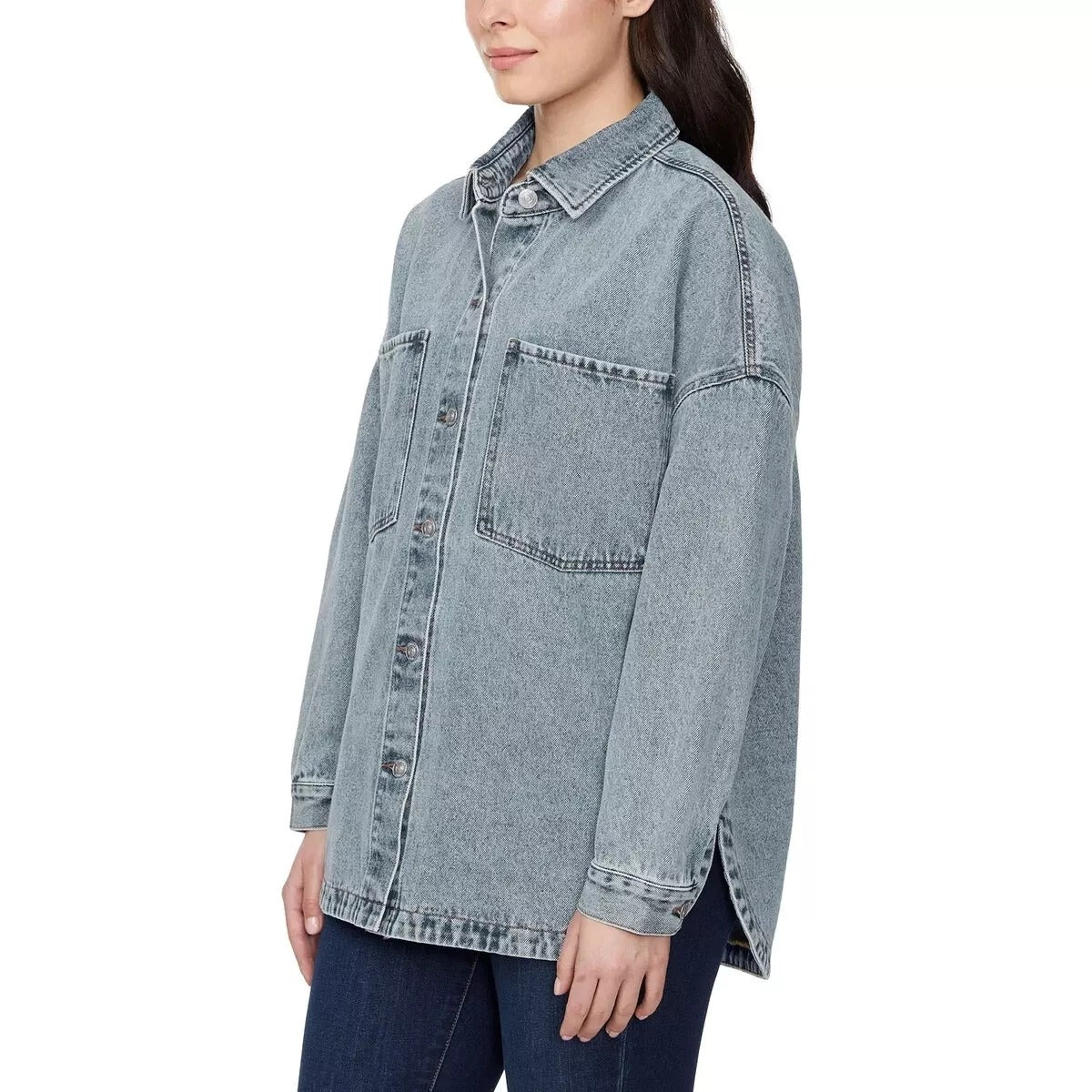 Hudson Womens Denim Button-up Top Shacket Oversized Boyfriend Fit Cotton Shirt Jacket