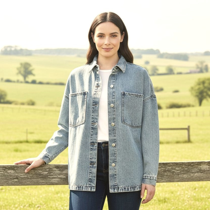 Hudson Womens Denim Button-up Top Shacket Oversized Boyfriend Fit Cotton Shirt Jacket