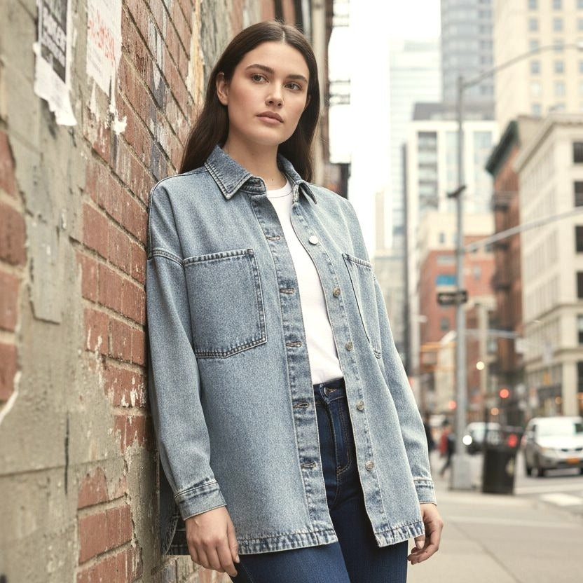 Hudson Womens Denim Button-up Top Shacket Oversized Boyfriend Fit Cotton Shirt Jacket