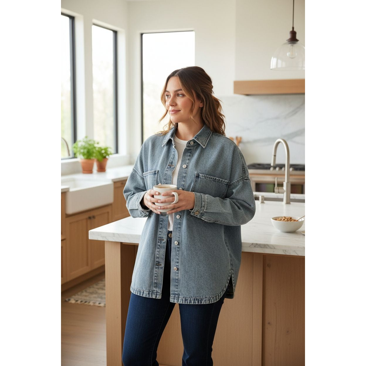 Hudson Womens Denim Button-up Top Shacket Oversized Boyfriend Fit Cotton Shirt Jacket