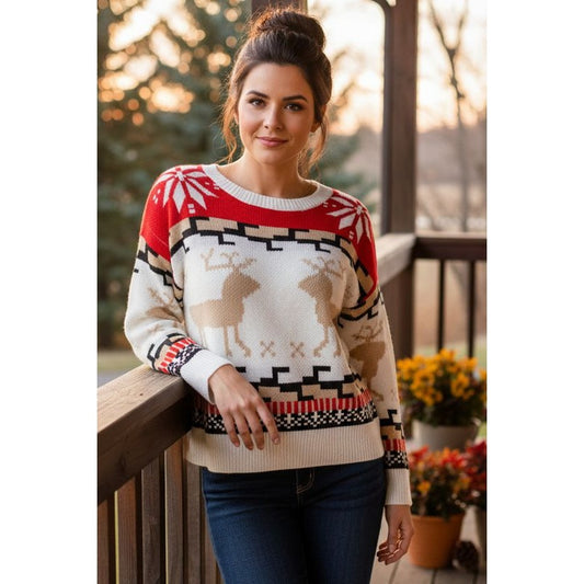 Geometric Reindeer Snowflake Knit Round Neck Classic Holiday Sweater Minimalist