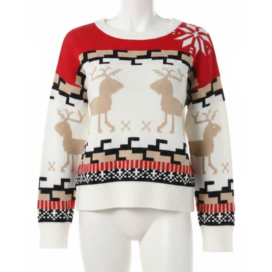 Geometric Reindeer Snowflake Knit Round Neck Classic Holiday Sweater Minimalist