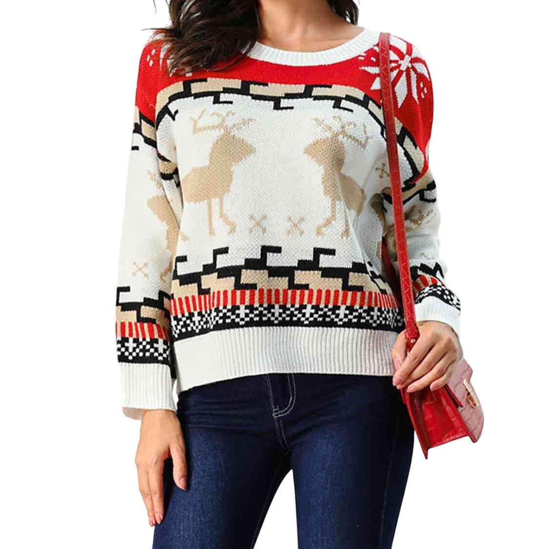 Geometric Reindeer Snowflake Knit Round Neck Classic Holiday Sweater Minimalist