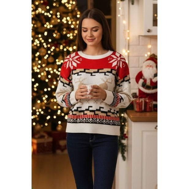 Geometric Reindeer Snowflake Knit Round Neck Classic Holiday Sweater Minimalist