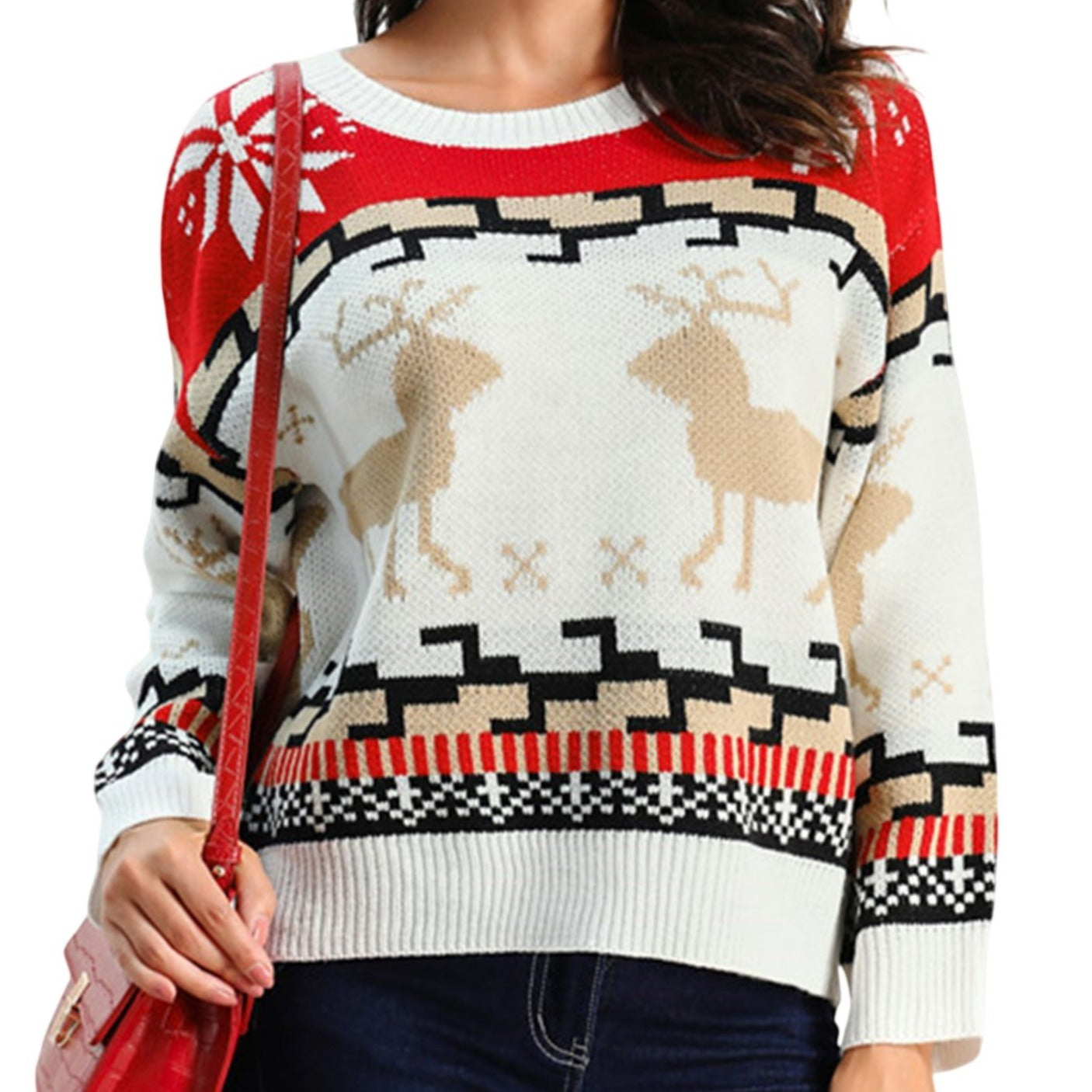 Geometric Reindeer Snowflake Knit Round Neck Classic Holiday Sweater Minimalist