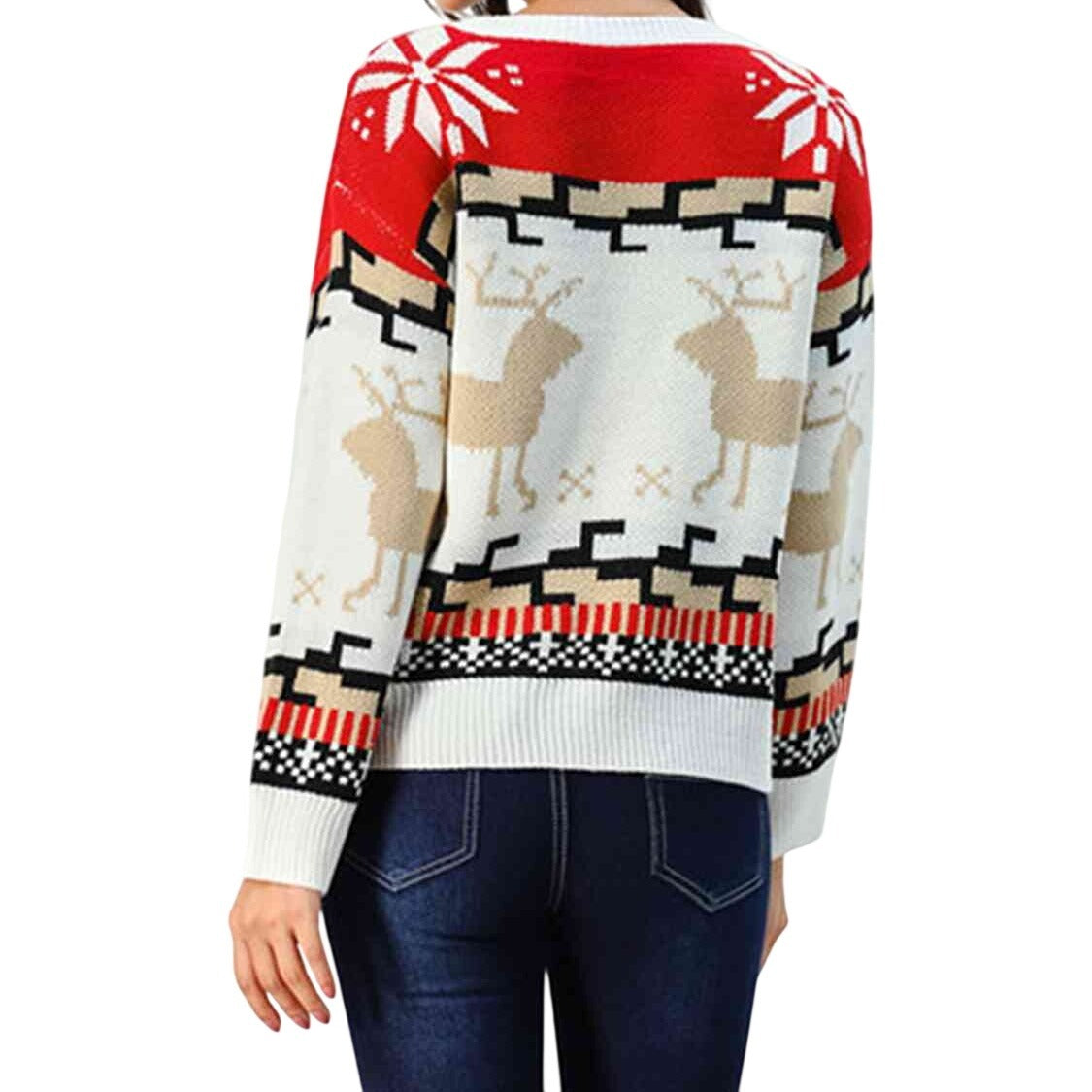 Geometric Reindeer Snowflake Knit Round Neck Classic Holiday Sweater Minimalist