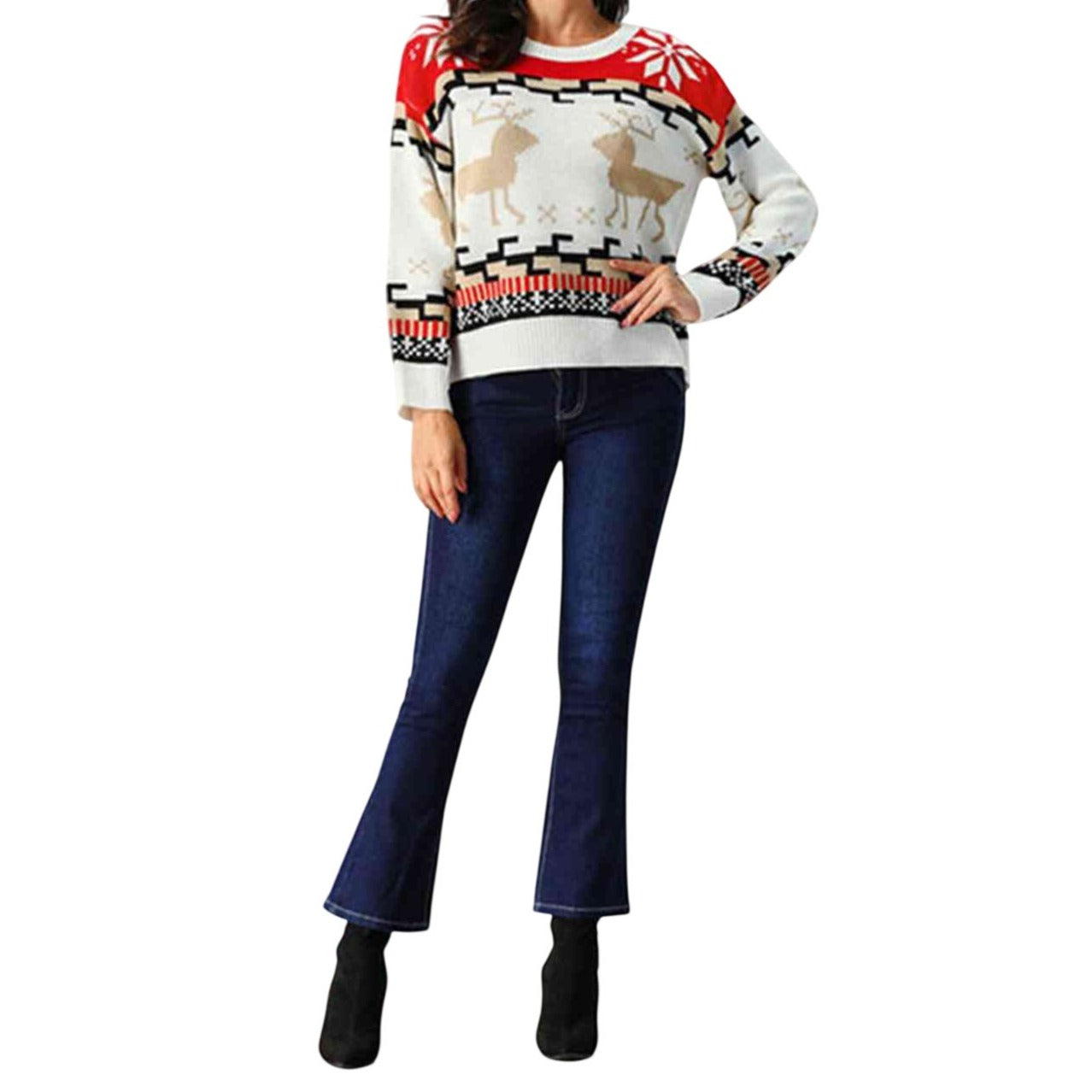 Geometric Reindeer Snowflake Knit Round Neck Classic Holiday Sweater Minimalist