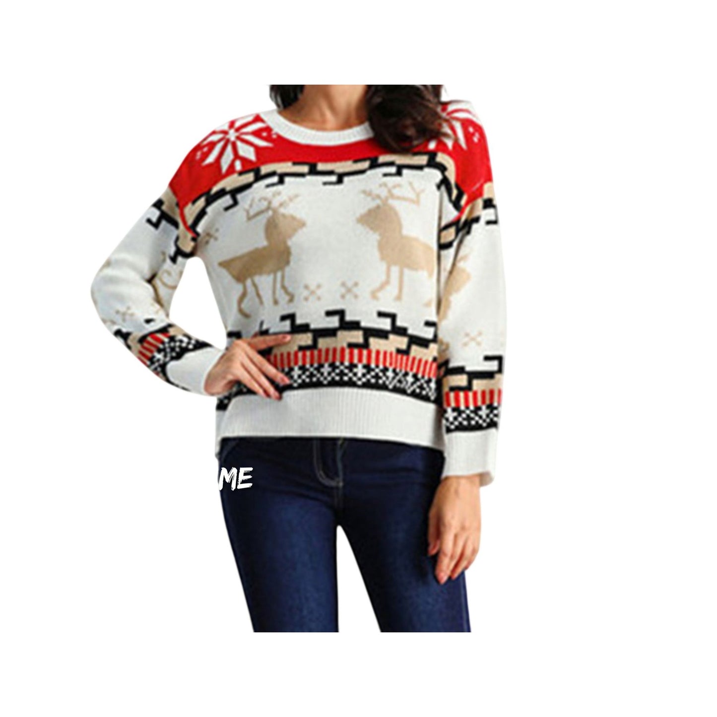 Geometric Reindeer Snowflake Knit Round Neck Classic Holiday Sweater Minimalist