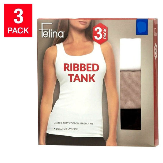 Felina 3-Pack Womens Tank Top Ribbed Sleeveless Shirt Classic Long Stretch