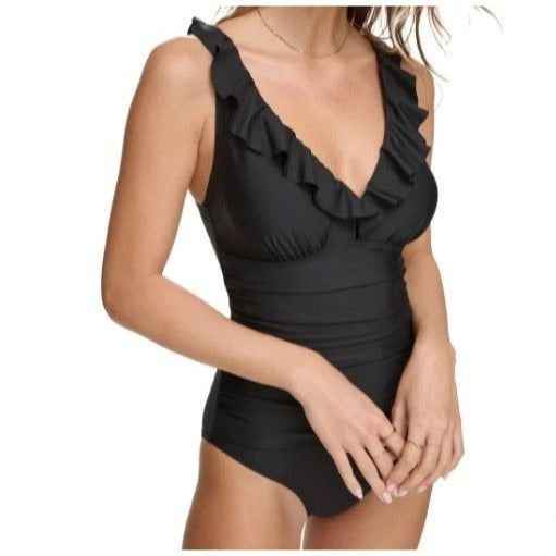 DKNY Ruffle Plunge Underwire Tummy Control Swimwear One-Piece Swimsuit