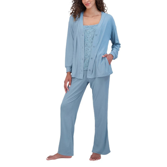 Live2Lounge 3-piece Women's Loungewear Set Cardigan Sleeveless Tank Top Pants Cooling Breathable Blue
