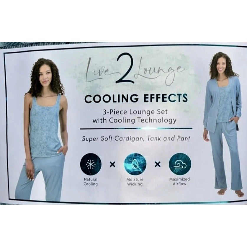 Live2Lounge 3-piece Women's Loungewear Set Cardigan Sleeveless Tank Top Pants Cooling Breathable Blue