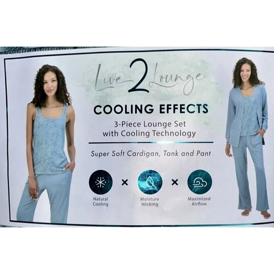 Live2Lounge 3-piece Women's Loungewear Set Cardigan Sleeveless Tank Top Pants Cooling Breathable Blue