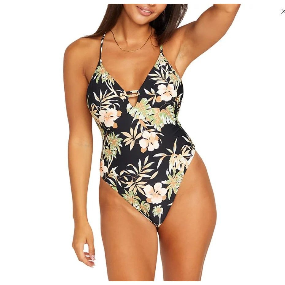 Volcom Swim For The Tide One-piece Tropical V-Neck Keyhole Swimwear Convertible Bathingsuit