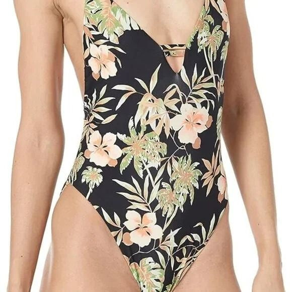 Volcom Swim For The Tide One-piece Tropical V-Neck Keyhole Swimwear Convertible Bathingsuit