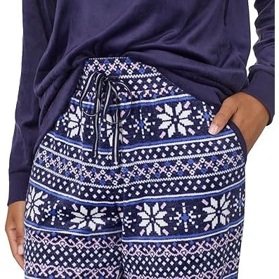 Nautica Women Pajama Set Matching PJ Fleece Sleepwear Top Pants Fair Isle Blue