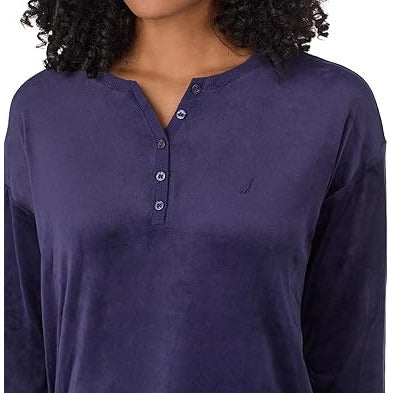 Nautica Women Pajama Set Matching PJ Fleece Sleepwear Top Pants Fair Isle Blue