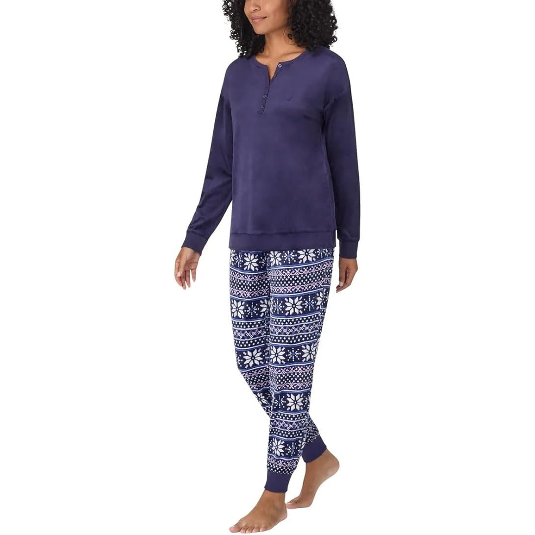 Nautica Women Pajama Set Matching PJ Fleece Sleepwear Top Pants Fair Isle Blue