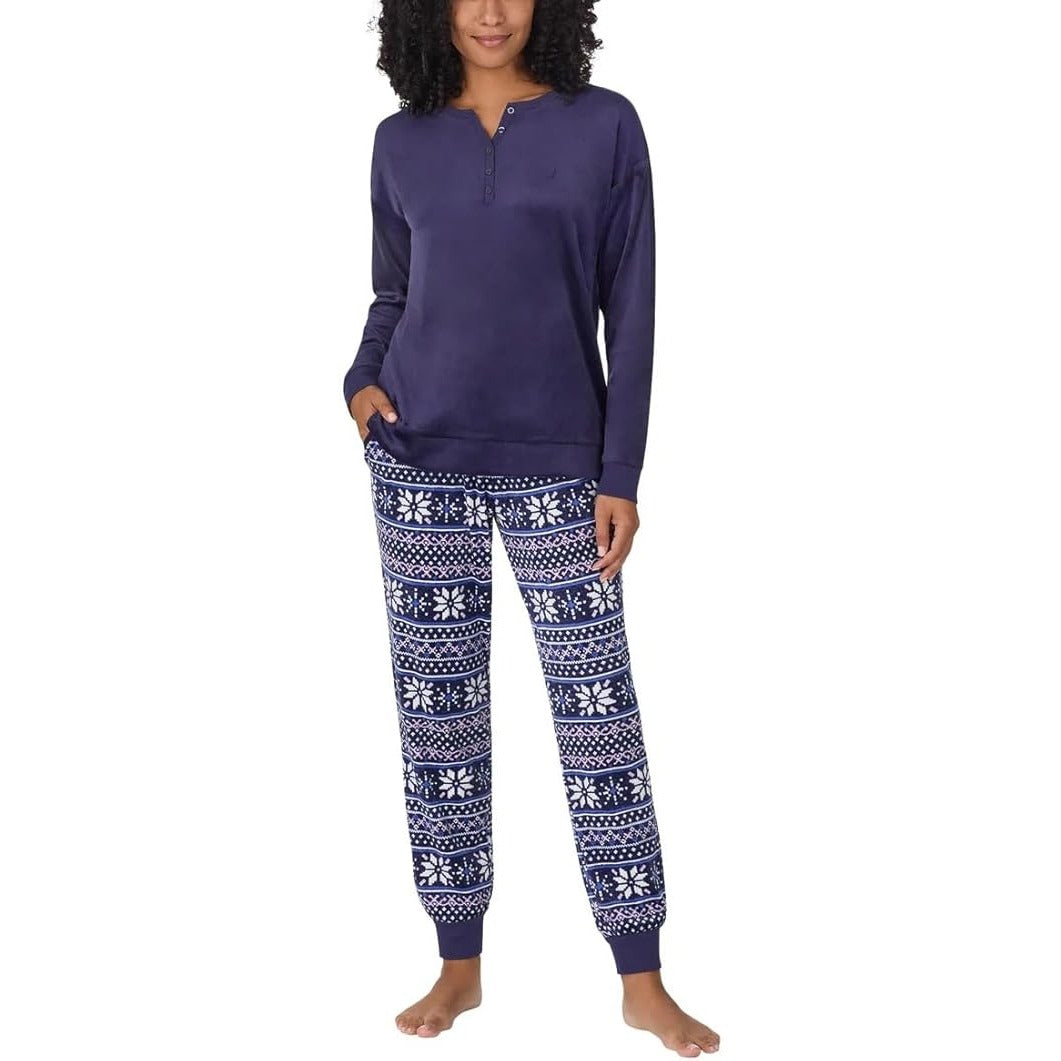 Nautica Women Pajama Set Matching PJ Fleece Sleepwear Top Pants Fair Isle Blue