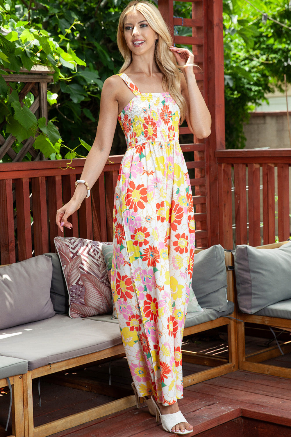 Bright Retro 70s Floral Smock Sleeveless Wide Leg One Piece Pocket Pant Jumpsuit