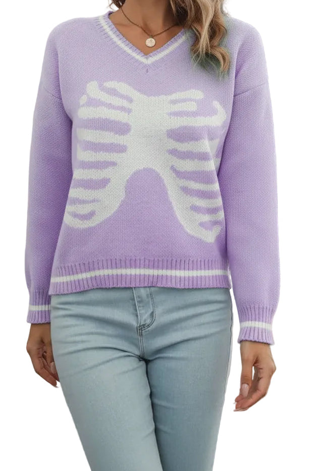 Skeleton Rib Cage V-Neck Top Long Sleeve Knit Pullover Sweater Halloween Grunge