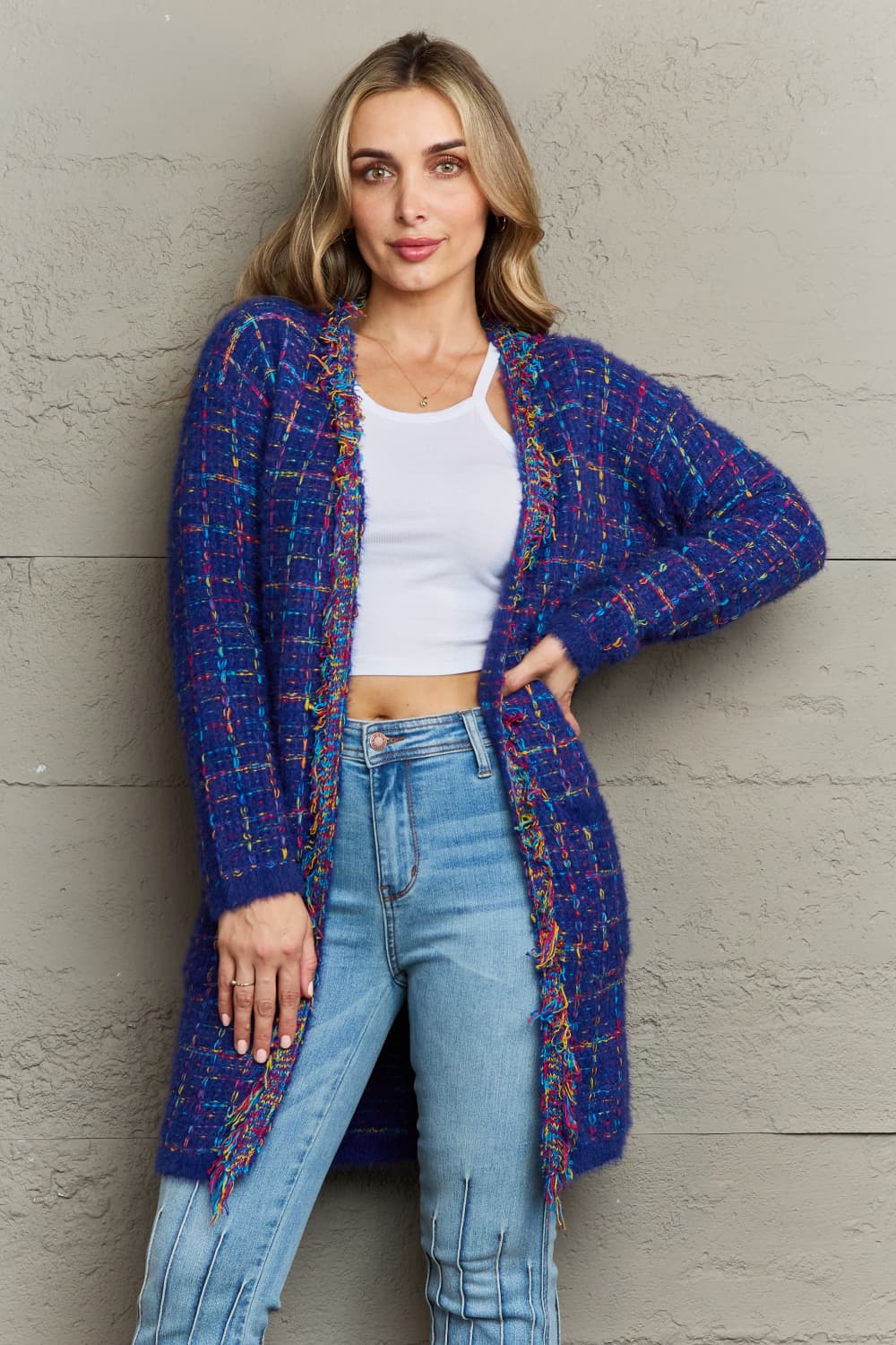 Plaid Retro Knit Colorful Fringe Fur Hem Longline Sweater Cardigan