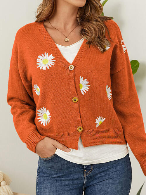 Floral Embroidered Cropped Classic Knit Button Front Retro Long Sleeve Soft Cardigan