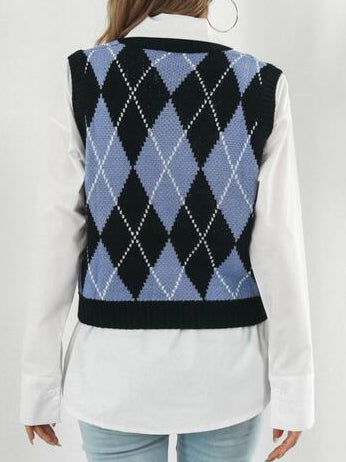 Heart Eye Skull Bone Argyle V-Neck Sleeveless Knit Spooky Sweater Vest