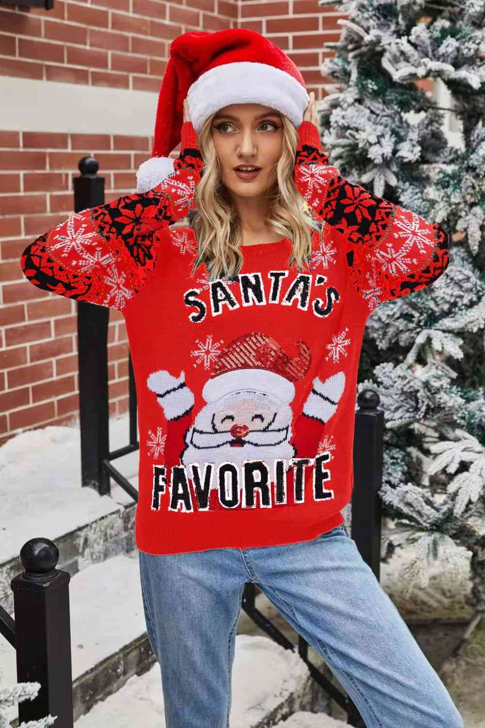 Sequin Santa's Favorite Knit Fun Round Neck Glam Holiday Sweater Top