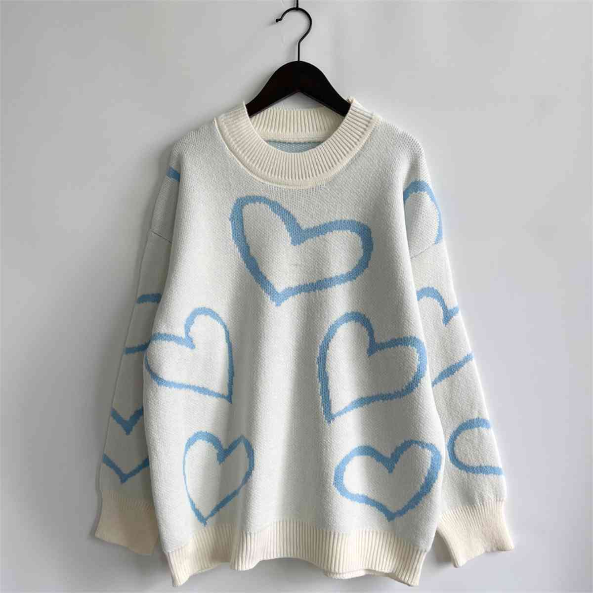 Knit Heart Color Contrasting Classic Long Sleeve Round Neck Pullover Sweater Top