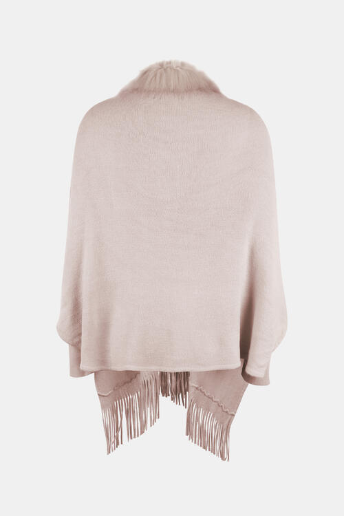 Plush Faux Fur Retro Fringe Hem Open Front Knit Poncho Knit Cardigan