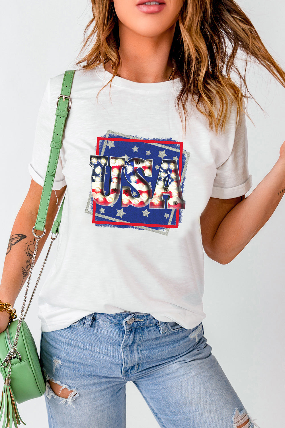 Patriotic USA Graphic Top Cuffed Short-Sleeve Tee Shirt
(Plus Size Available)