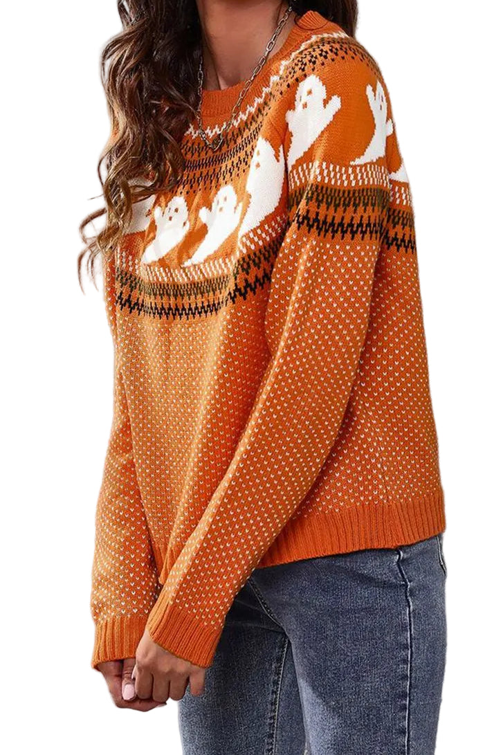 Ghost Fair Isle Nordic Crew Neck Top Long Sleeve Halloween Pullover Knit Sweater