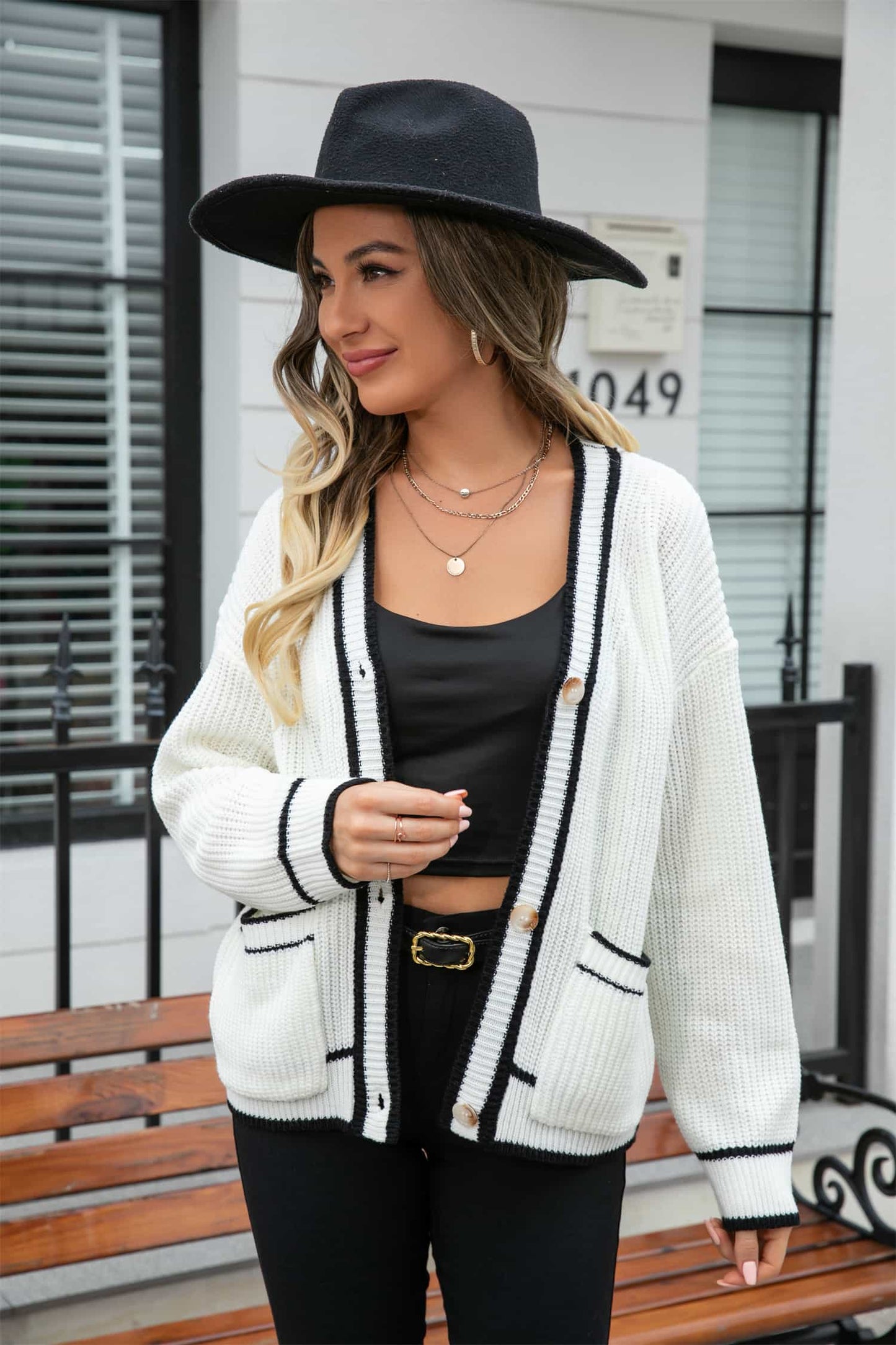 Contrast Waffle Knit Button Front Pocket Sweater Cardigan