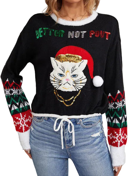 Sequin Christmas Angry Kitty Cat Drawstring Hem Long Sleeve Sweater
