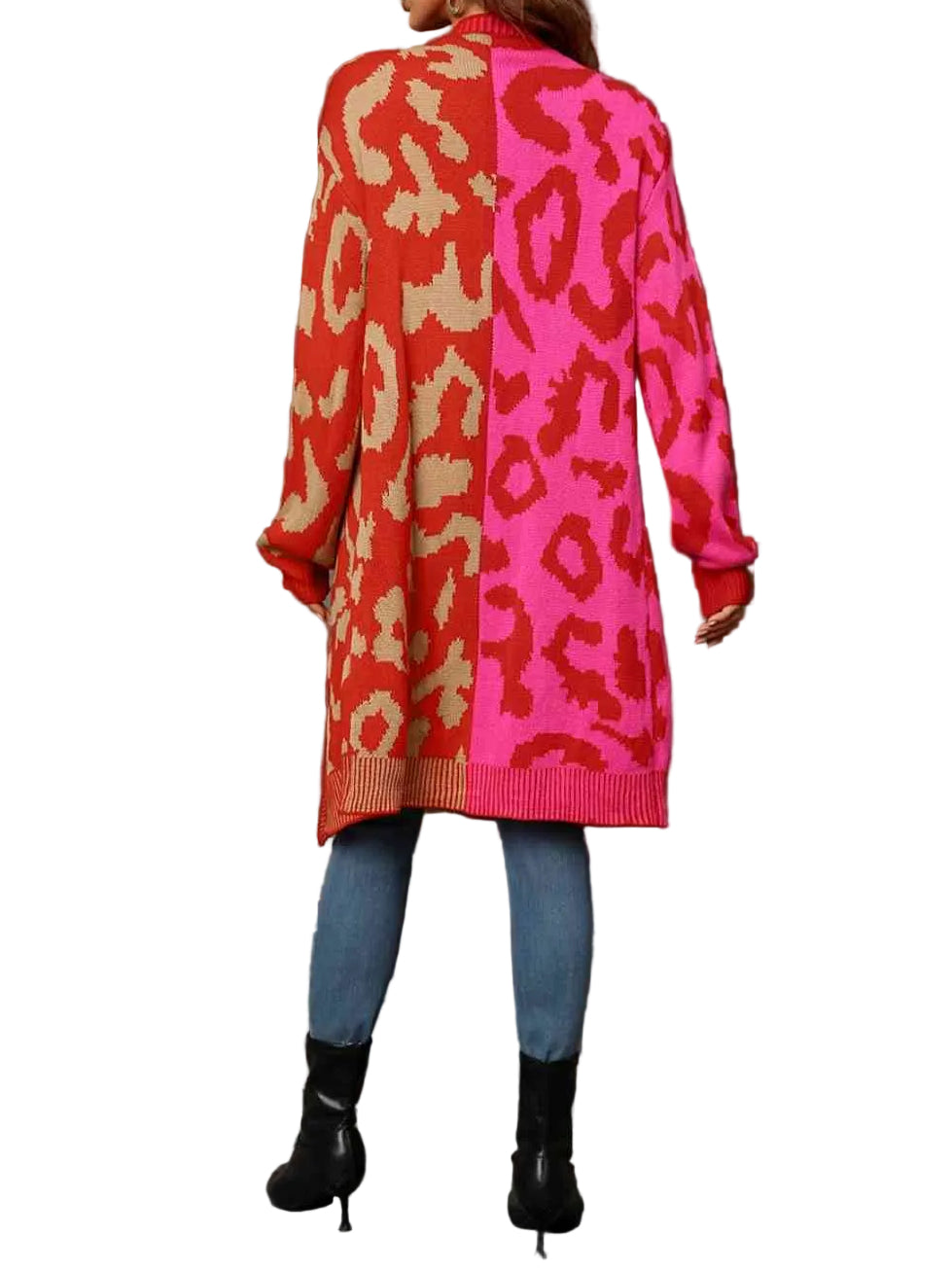 Colorblock Leopard Print Longline Button Front Long Sleeve Oversized Cardigan