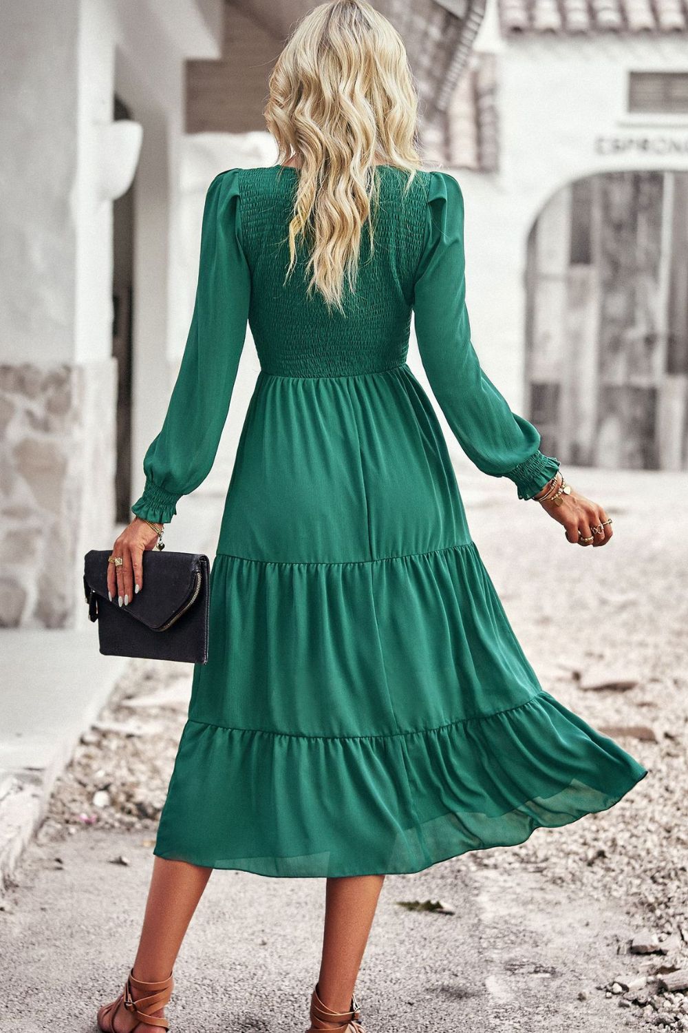 Elegant Smocked Bodice Flounce Long Sleeve Lined Midi Dress