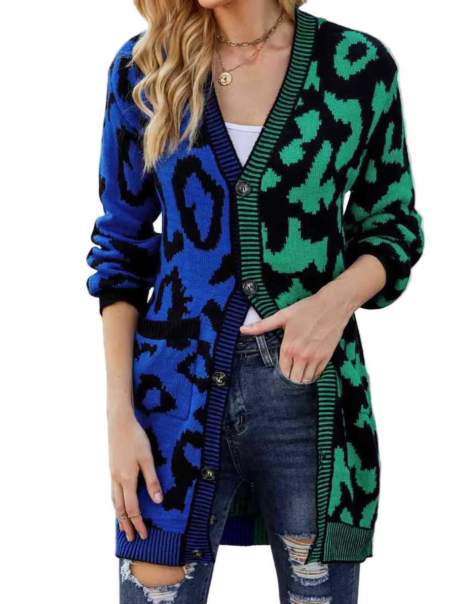 Colorblock Leopard Print Longline Button Front Long Sleeve Oversized Cardigan