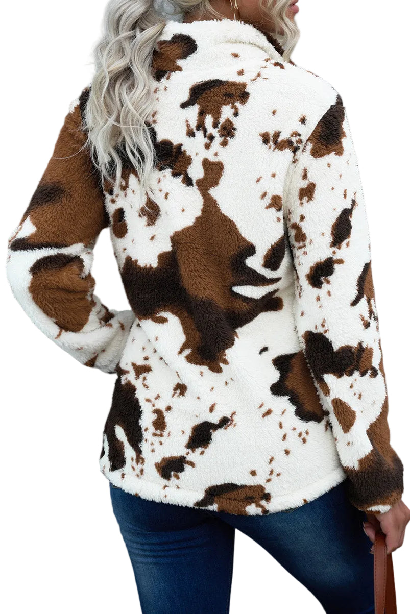 Fuzzy Cow Sherpa Quarter-Zip Teddy Pullover Cowgirl Sweatshirt Western Top