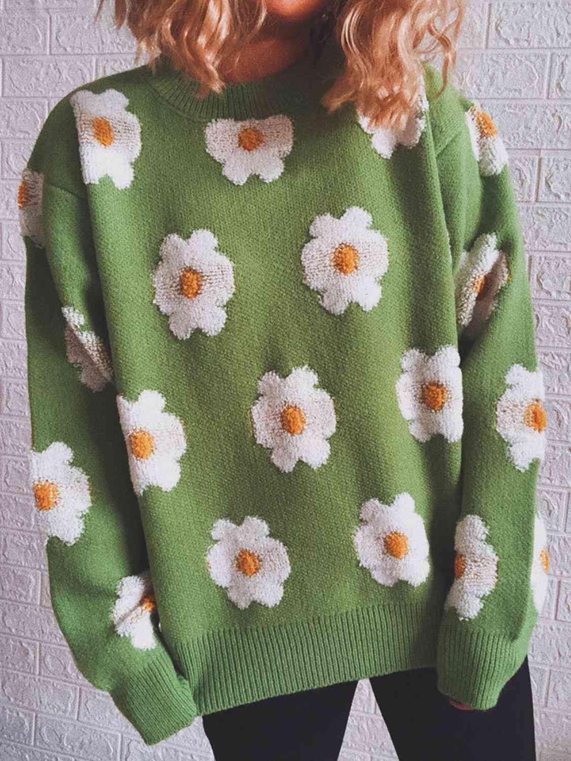 Contrasting Raised Retro Daisy Flower Pullover Long Sleeve Knit Sweater Shirt