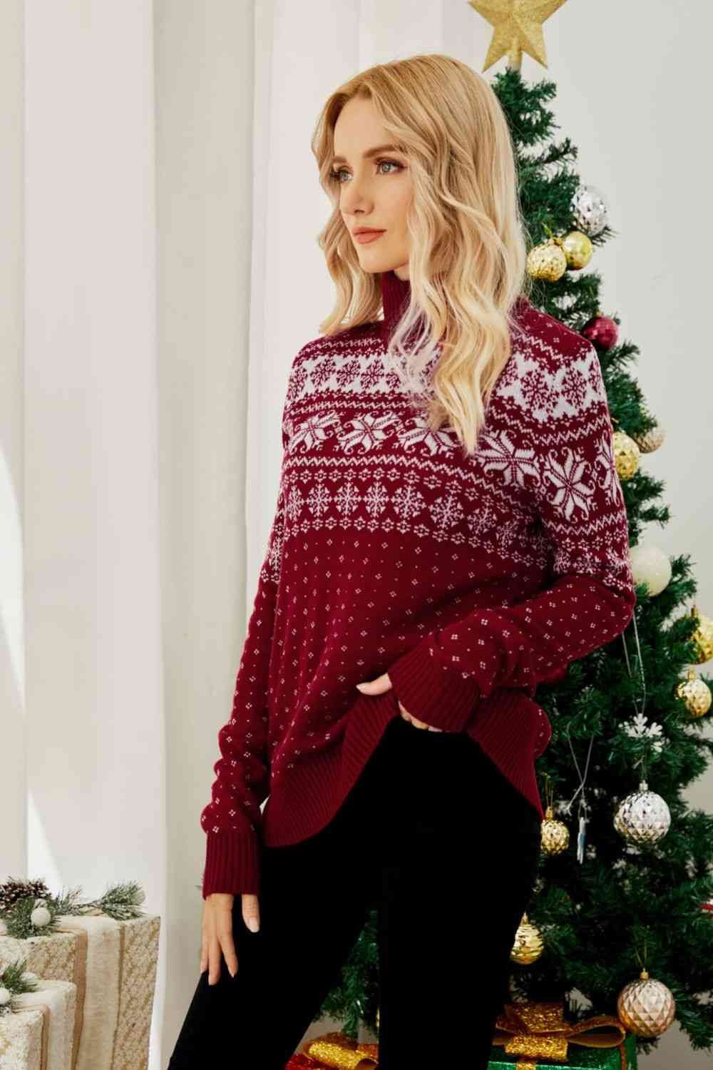 Snowflake Turtleneck Knit Fair Isle Geometric Classic Pullover Winter Sweater