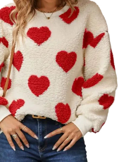 Fuzzy Teddy Sherpa Contrast Heart Crew Neck Top Long Sleeve Pullover Sweatshirt
