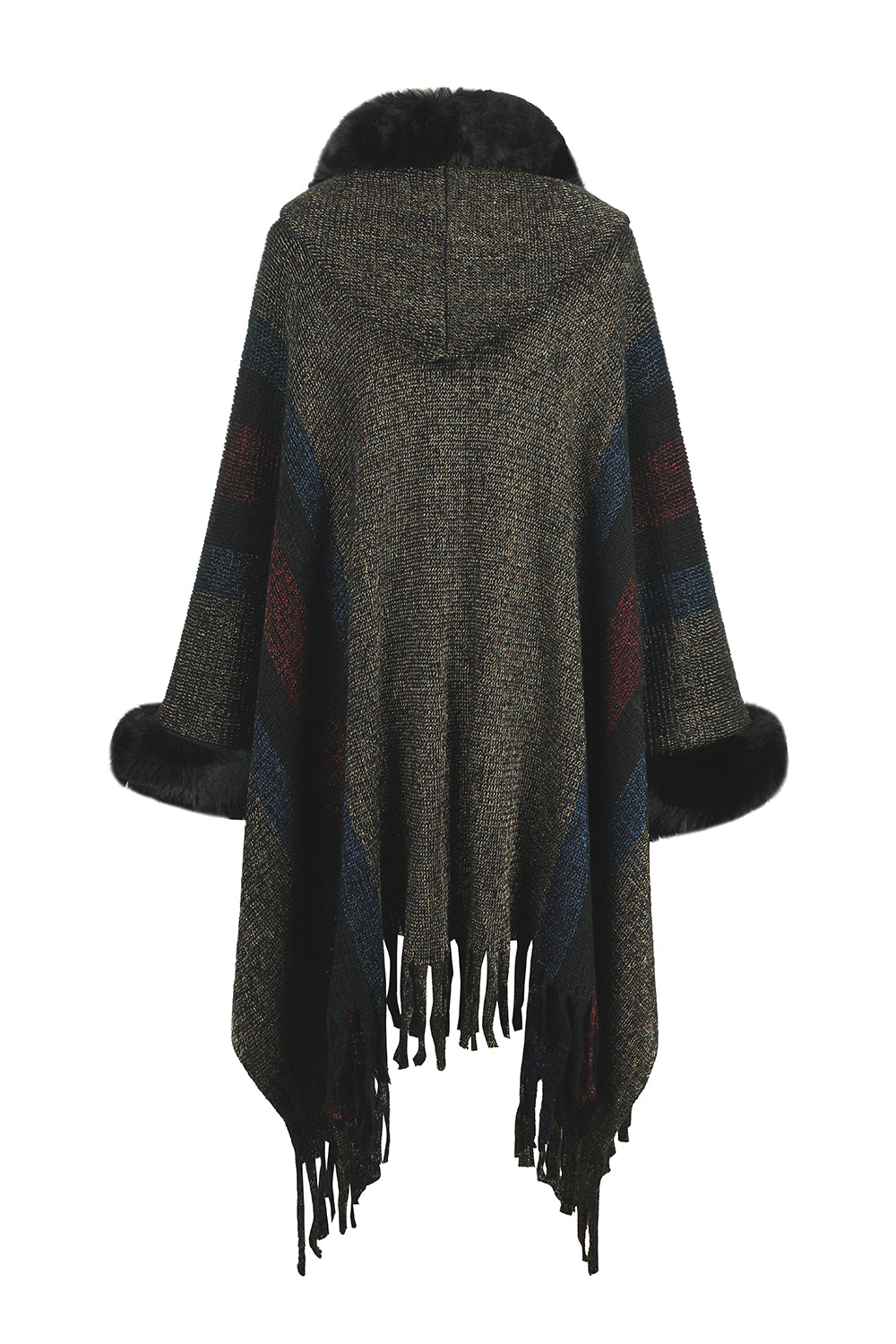 Plush Faux Fur Fringe Hem Retro Oversized Long Knit Hoodie Cardigan Poncho