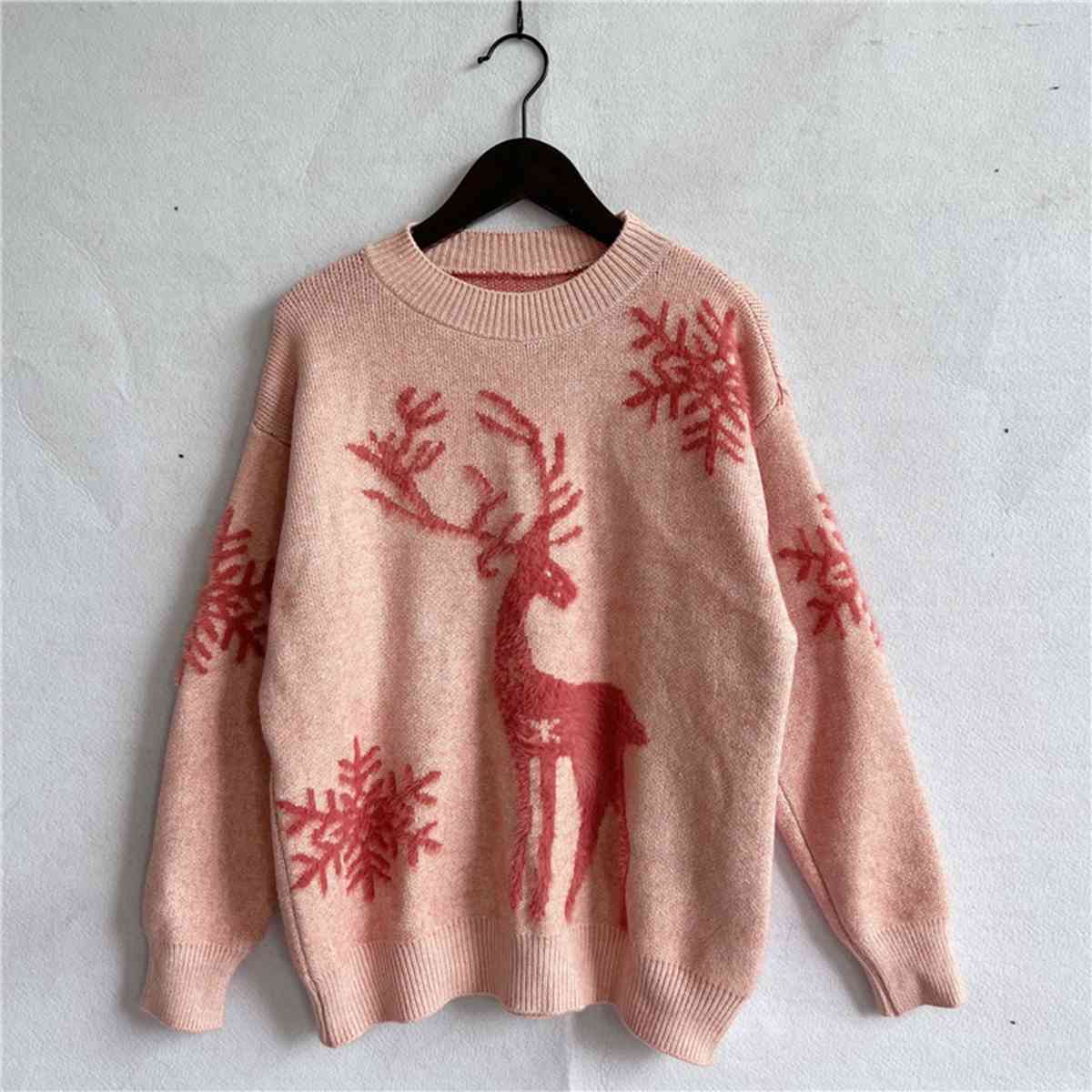 Fuzzy Reindeer Snowflake Knit Round Neck Winter Soft Print Sweater